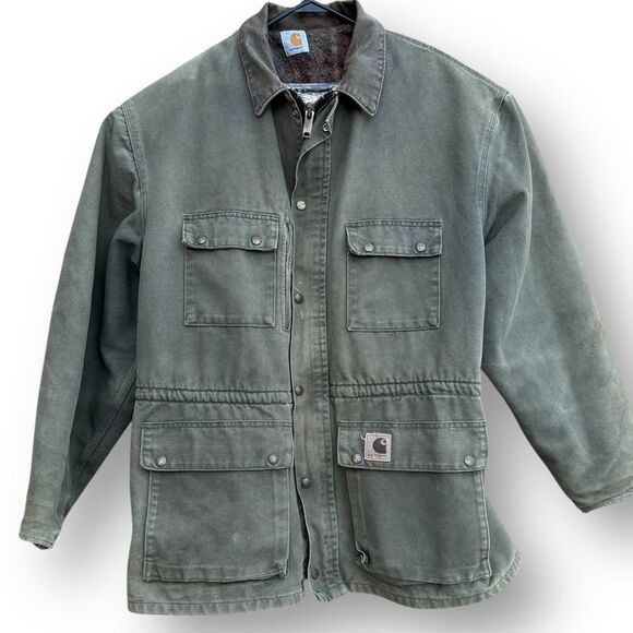 Vtg 1990s Carhartt Jacket PB1366 Dark Olive Green Blanket Lined Duck Trail Parka - Picture 1 of 11